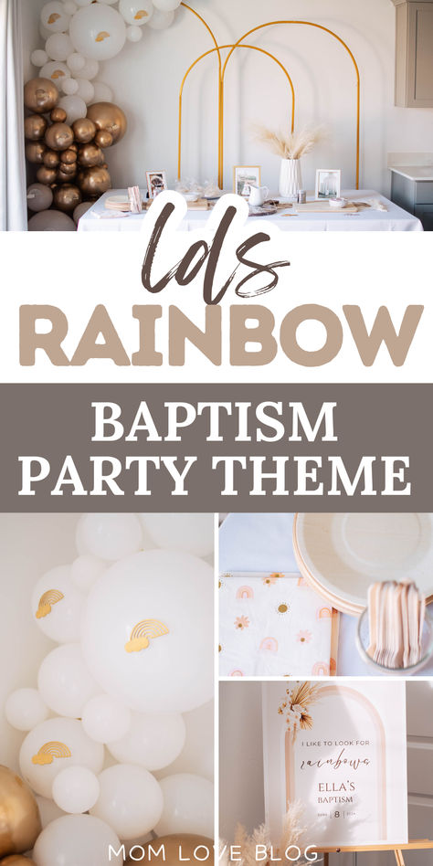 Photo collage of baptism party with text that reads "LDS rainbow baptism party theme" Baptism Theme Ideas, Lds Baptism Decorations, Baptism Ideas Girl, Baptism Table Centerpieces, Baptism For Girl, Lds Baptism Ideas, Baptism Party Theme, Balloon Garland Ideas, Baptism Party Decor