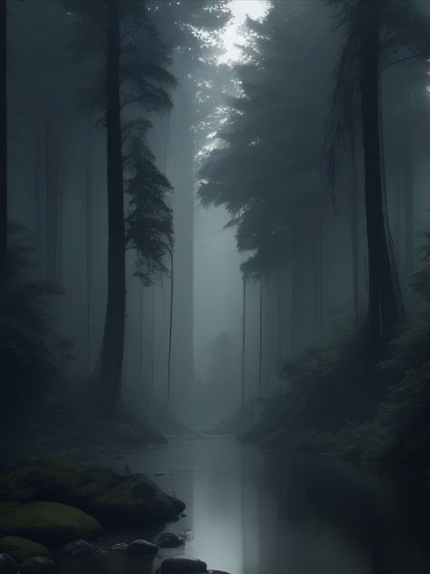 A deep, dark river flows through a dense forest. The trees are so tall and thick that they block out most of the sunlight, casting a gloomy shadow over the river. The water is still and black, and it is impossible to see the bottom. A few wisps of fog float above the river, adding to the air of mystery. River In A Forest, Misty Dark Forest, Dark Dense Forest, Fog In Forest, Mysterious Forest Aesthetic, Dark Forest Art Fantasy Woods, Thick Forest Aesthetic, Deep Forest Painting, Dark Trees Aesthetic