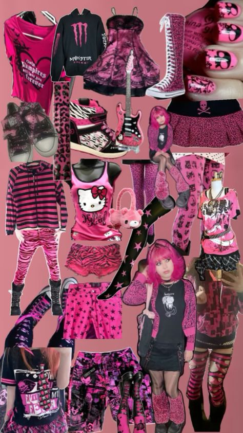 I like pink Pink And Black Halloween Costume, Scene Pink Outfit, Pink Mall Goth, Pink Punk Aesthetic, 2000s Fashion Pink, Mall Goth Outfits, Pink Emo, Zombie Clothes, Cichlid Aquarium