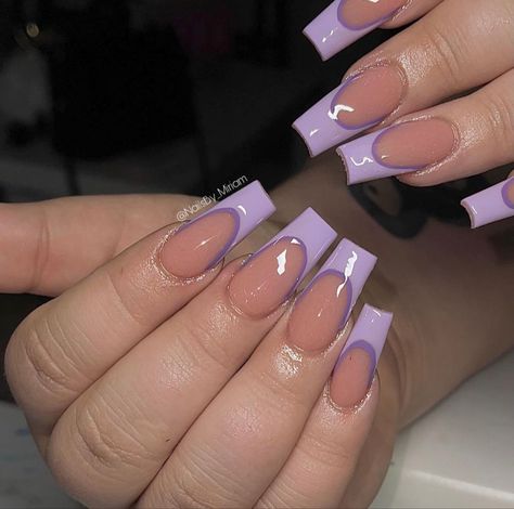 Shirt Purple Acrylic Nails, Lilac And White French Tip Nails, Gel Nail Designs Lavender, Lavender And White Nail Designs, Pastel Purple Square Nails, Pastel Purple Acrylics, Acrylic Nails Lavender Design, Light Purple Acrylic Nails Coffin Medium, Medium Length Purple Nails