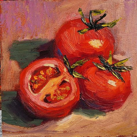 Three red tomatoes painting 🎀 I will make this painting to order. The artwork in the photo is already sold. Your artwork will be very similar in color and composition, but not exact. 💝The picture is with oil. Bright, lively picture will perfectly decorate the interior or will be a great gift for your home. Cute kitchen wall décor 🎀Ukrainian artist Tatiana Kolyada ABOUT THE PICTURE. 🎀The size of the painting is 15x15cm or 6x6 inches. 🎀Materials: hardboard, oil paints, palette knife, brush 🎀