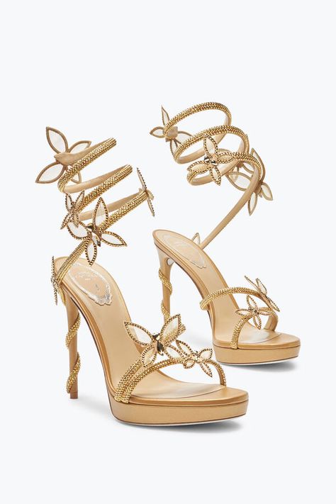 Margot Gold Platform Sandal With Butterflies 120 Rene Caovilla in Gold for Women | Rene Caovilla® Rene Caovilla Wedding Shoes, Renee Caovilla Heels, Renee Caovilla, Rene Caovilla Heels, Gold Platform Sandals, Gold Platform Heels, Butterfly Heels, White Platform Sandals, Butterfly Shoes