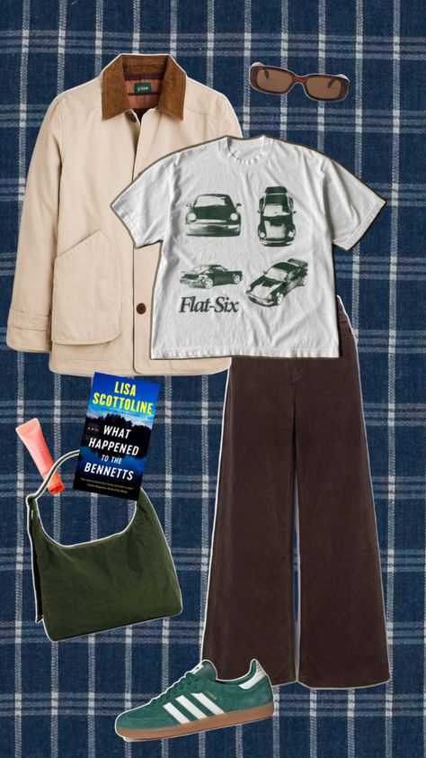 Barn jacket, green adidas samba, brown corduroy pants, baggu shoulder bag, booktok book, vintage graphic tshirt, tortoise sunglasses, Laneige lip balm Green Corduroy Pants Outfit, Brown Tshirt Outfit, Green Tshirt Outfit, Laneige Lip Balm, Vintage Graphic Tshirt, Corduroy Pants Outfit, Green Corduroy Pants, Brown Corduroy Pants, Laneige Lip