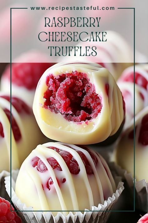 Indulge in these delightful Raspberry Cheesecake Truffles that combine creamy cheesecake filling with the vibrant flavor of raspberries, all coated in smooth chocolate. Perfect for parties, gifts, or a sweet treat at home! Blueberry Cheesecake Truffles, Raspberry White Chocolate Truffles, White Raspberry Cheesecake Balls, No Bake Cheesecake Truffles, Raspberry Truffles Easy, White Chocolate Raspberry Cheese Balls, Raspberry Cheesecake Desserts, Mini Raspberry Cheesecake Recipes, Raspberry Cheesecake Truffles