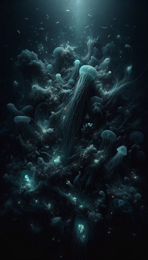 Underwater Mystery_ A dark, deep-sea scene with hints of bioluminescent creatures Dark Sea Aesthetic Wallpaper, Bioluminescent Creatures, Dark Angel Wings, Beach Wall Collage, House Silhouette, Dragon Silhouette, Ocean Backgrounds, Gothic Cathedrals, Deep Sea Creatures