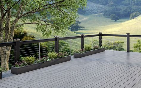 Decking, Railing, Balusters, Post Caps and Accessories - Deckorators Modern Deck Railing Ideas, Modern Deck Railing, Deck Cable Railing, Decking Railing, Cable Railing Deck, Deck Railing Ideas, Outdoor Living Deck, Lake House Interior, Modern Deck