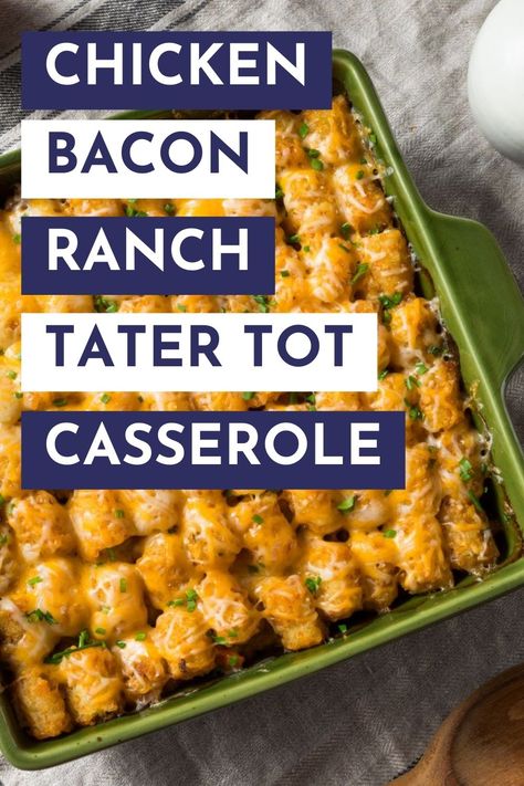 This easy chicken, bacon, ranch tater tot casserole is a family favorite. It's the perfect comfort food for busy weeknights that the whole family will love. Crispy tater tots, crispy bacon, ranch seasoning, cheese and chicken, it doesn't get much better than this! Chicken Bacon Ranch Tater Tot Casserole, Bacon Ranch Tater Tot Casserole, Ranch Tater Tot Casserole, Easy Tater Tot Casserole, Easy Tater Tots, Tater Tot Casserole Recipes, Pre Cooked Chicken, Tot Casserole, Tater Tot Casserole