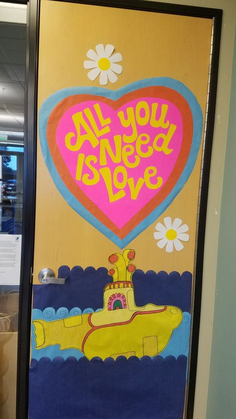 Beatles Bulletin Board, Decorated Bedroom Door, Classroom Door Decoration Ideas Creative, Beatles Crafts, Montessori Guide, Valentines Classroom Door, Preschool Door Decorations, Beatles Theme, Teacher Door Decorations