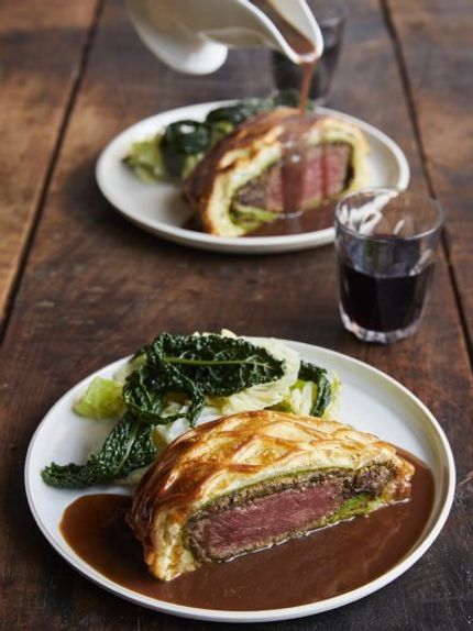 Beef Wellington for two | Jamie Oliver recipes Mushroom Duxelle, Fillet Of Beef, Individual Beef Wellington, Mini Beef Wellington, Spinach Pancakes, Beef Wellington Recipe, Beef Fillet, Jamie Oliver Recipes, Onion Gravy