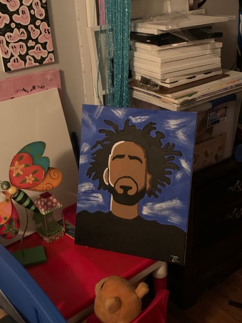 Canvas Art Designs J Cole Painting Easy, J Cole Painting, J Cole Portrait, J Cole Drawing, J Cole Art, Wall Drawing Ideas, Room Painting, Hippie Painting, Graffiti Style Art