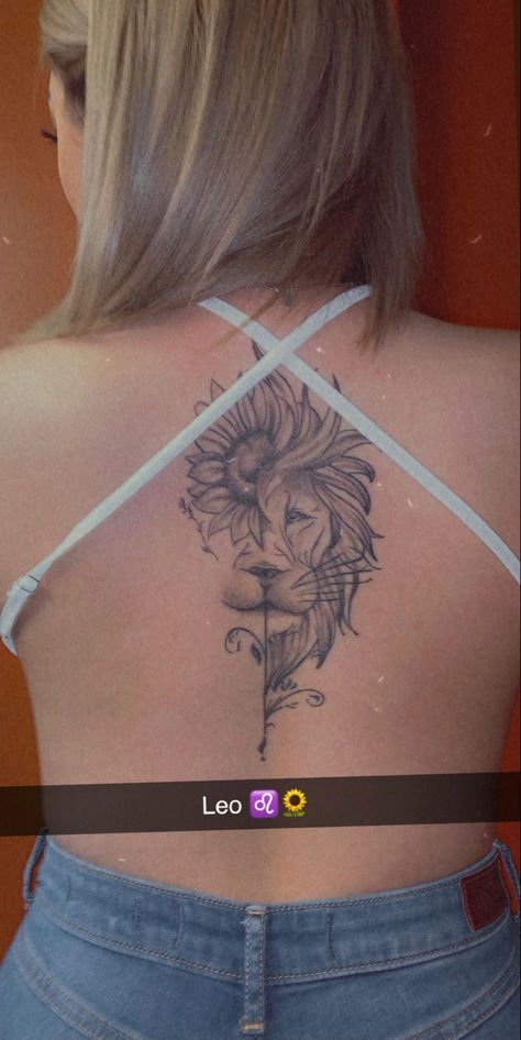 Lion Tattoo For Women On Back, Leo Zodiac Tattoos For Women Back, Lion Back Tattoo Women Leo, Leo Sunflower Tattoo Zodiac Signs, Leo Rib Tattoo, Lion Spine Tattoos For Women, Sunflower Back Tattoo Spine, Leo Back Tattoo Women, Leo Inspired Tattoos For Women