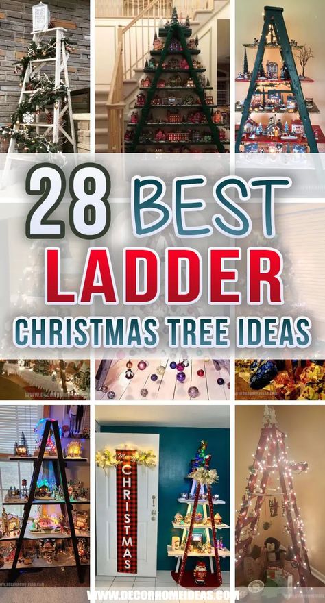 Diy Christmas Tree Display, Christmas Tree Ladder Village, Ladder Display For Christmas Village, Ladder Christmas Tree Village, Old Ladder Christmas Tree, Displaying Christmas Villages Ideas, Christmas Village Display Ideas Diy Tree, Stepladder Christmas Tree, Tree Shaped Shelf For Christmas Village