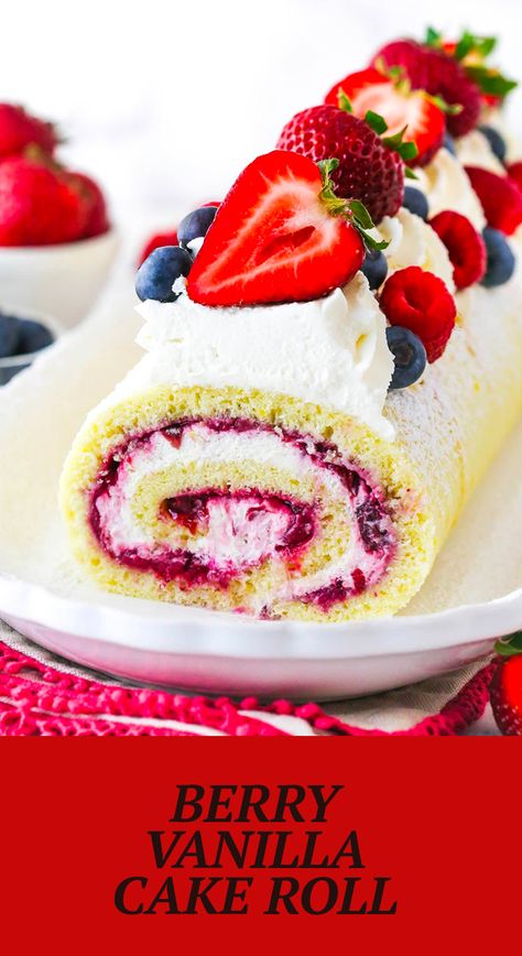 This Berry Vanilla Cake Roll is a moist vanilla cake roll filled with fresh berry filling and mascarpone whipped cream! It’s easy to make with detailed directions and plenty of step-by-step photos! So light, fruity and absolutely delicious! Roll Cake Birthday, Vanilla Cake Roll Recipe, Jelly Roll Recipe Easy, Roll Up Cakes, Vanilla Cake Roll, Light Cake, Cake Rolls, Roll Cake Recipe Vanilla, Berry Desert