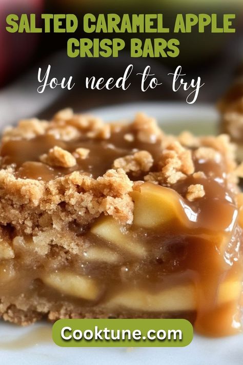 Perfect for fall, these Salted Caramel Apple Crisp Bars feature a buttery shortbread crust, juicy apple filling, and an irresistible oatmeal crumb topping, all drizzled with salted caramel for an added treat. Oatmeal Crumb Topping, Apple Bar Recipes, Apple Crisp Bars, Apple Crisp Bars Recipe, Caramel Apple Bars, Caramel Apple Crisp, Caramel Apples Easy, Buttery Shortbread, Apple Oatmeal