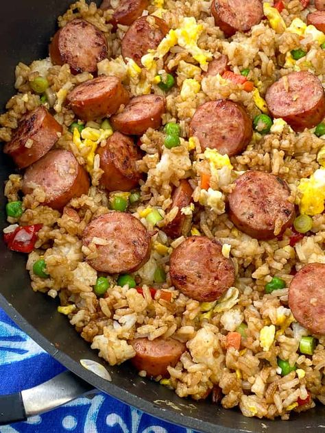 Sausage Fried Rice - Plowing Through Life Hillshire Farm Sausage Recipes, Sausage Fried Rice, Skillet Food, Andouille Sausage Recipes, Egg And Sausage, Sausage Recipes For Dinner, Sausage Rice, Rice Side Dish Recipes, Fried Rice With Egg