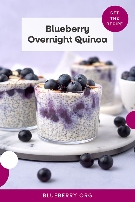 Switch up your morning grain game with our Blueberry Overnight Quinoa, a fun twist on overnight oats. Yes, your quinoa can multitask for you in sweet dishes as well as savory! This dish adds a yummy blueberry compote to a quinoa base sweetened with warm maple and vanilla flavors and enhanced with chia seeds. It’s perfect for meal preppers and anyone looking for a delicious, filling breakfast or snack on the go. Top with fresh blueberries for an extra pop of flavor and nutrients! Quinoa And Yogurt Breakfast, Blueberry Chia Seed Overnight Oats, Overnight Quinoa Breakfast, Overnight Quinoa, Fasting Meals, Blueberry Pudding, Blueberry Compote, Yogurt Breakfast, Quinoa Breakfast