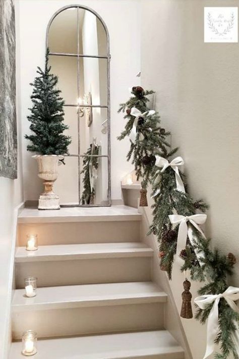 French Christmas decorating ideas from an amazing house tour of country French design from The French Nest Co. #christmasdecor #frenchcountry #frenchfarmhouse #frenchchristmas #whitedecor French Farmhouse Christmas, Natal Country, Christmas Stairs Decorations, Christmas Stairs, French Country Christmas, French Christmas, Christmas Decor Inspiration, Christmas Decorating Ideas, Stair Decor