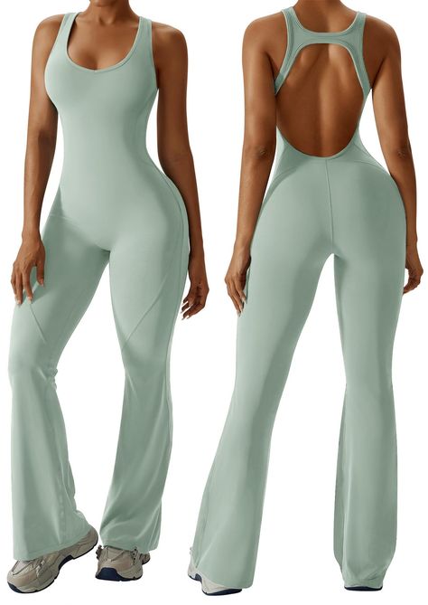 PRICES MAY VARY. ❤️The 2024 chic backless jumpsuit features cutout racerback straps, a flattering Sweetheart-neckline with removable padded bras, and flare pants that creates a sleek, modern silhouette. ❤️Made of 78% Nylon and 22% Spandex, our smooth jumpsuit is lightweight, stretchy, breathable, moisture-wicking, quick drying, non see through and skin-friendly. Seamless jumpsuit is comfy to wear, just like your second skin. ❤️The one piece workout outfit allows for flexible movement, and adjust Trendy Fitness Outfits, Boho Workout Clothes, Feminine Workout Clothes, Workout Outfits Women Gym, Gym Fits Modest, 70s Workout Clothes, Yoga Jumpsuit Outfit, Light Green Jumpsuit, Cute Gym Outfits For Women