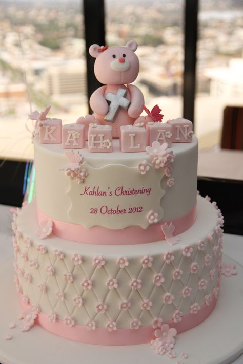 A cute Christening cake for a delightful baby girl. Girl Christening Cake, Baby Christening Cakes, Christening Cake Girls, Baptism Cake Girl, Bolo Minnie, Baby Shower Cakes Girl, Gateaux Cake