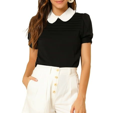 Modern formal wear meets retro femininity on this cute shirt, which has a doll collar design and a pin tuck at the front. This elegant top is designed with a cute peter pan collar and puff short sleeve. Perfect to style with jeans and high heels for a sweet look. Occasion: Work, Office, Casual, etc. Please check your measurements to make sure the item fits before ordering. Model Body Size: Height: 5'9", Chest: 31 1/2 inches, Waist: 24 inches, Weight: 114.6 lbs, model is wearing in size XS. Measurement (in inches) International Size------Chest Girth------Waist Girth------Shoulder Width XS--------------35 7/8---------------32 5/8---------------13 1/4 S----------------37 3/4---------------34 5/8---------------13 3/4 M---------------39 3/4---------------36 5/8---------------14 1/4 L----------- Modern Formal Wear, Puff Short Sleeve Blouse, Vintage Peter Pan, Peter Pan Collar Blouse, Doll Collar, Cowl Neck Long Sleeve, Bralette Crop Top, Collar Designs, Collar Top