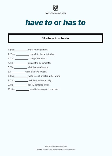 Fill in have to or has to. Download this worksheet on the website. It's free and print-friendly. Answer key provided. #english #modalverbs #esl #eslwebsite #englishgrammar #eslworksheets #engblocks Have To Has To Worksheet, Modal Verbs, English Learning Books, Learning Books, Teaching Vocabulary, Verb Worksheets, English Grammar Worksheets, Grammar Worksheets, English Worksheets