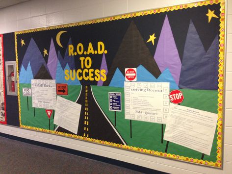 Bulletin Board: R.O.A.D. to Success - This is an acronym our school uses- Respect your peers, Own your education, Address adults appropriately and Demonstrate safe behavior.. bulletin board showcases our behavior tracking system- "Driving Record" and "Road Blocks" - see other pins Road Bulletin Board, Travel Bulletin Boards, Road Trip Theme, Travel Theme Classroom, High School Bulletin Boards, Ra Bulletin Boards, Road To Success, Ra Ideas, Transportation Theme