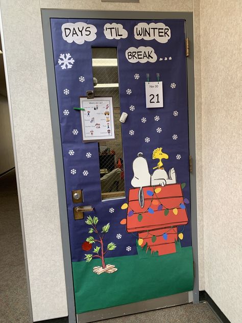 Peanuts Christmas Classroom Door, Charlie Brown Christmas Door Decor, Snoopy Christmas Door Decorating Contest, Penguin Classroom Door Ideas, Winter Door Decorations Classroom Simple, Snoopy Christmas Door Decorations, Snoopy Classroom Door, Snoopy Classroom Decorations, Snoopy Door Decorations Classroom