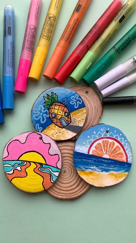 Painting On Wood Slices, Coasters Marble, Painted Wood Slices, Marble Magnets, Craft Kits For Adults, Food School, Acrylic Painting On Wood, Art Sets For Kids, Acrylic Ideas