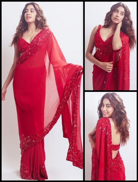 Mesh Blouse Saree, Red Saree Blouse Ideas, Red Saree Design, Kangana Saree Look, Party Wear Bodycon Dresses, Hot Red Saree Party Wear, Saree Day In College, Celebs In Saree, Jahnvi Kapoor Saree