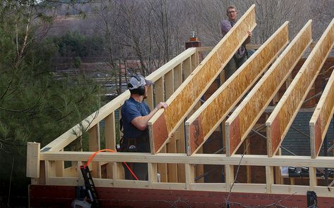 How to Frame an I-Joist Roof - Fine Homebuilding How To Build Trusses, I Joist Framing, Shed Roof Framing, Flat Roof Construction, Timber Frame Garage, Flat Roof Systems, Roof Joist, Flat Roof Design, House Awnings