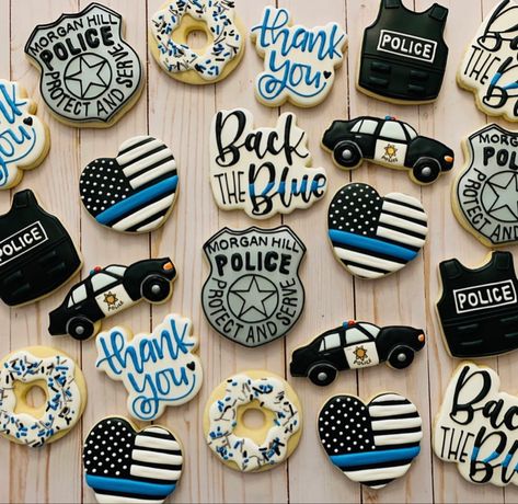 Police Badge Cookies Decorated, Police Themed Cookies, Law Enforcement Cookies, Police Badge Cookies, Police Retirement Cookies, Cop Cookies, Police Cookies, Police Academy Graduation Party, Cutout Cookie