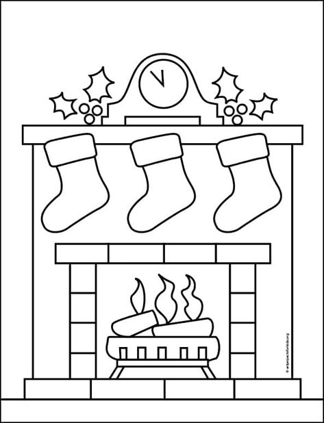 How To Draw A Fireplace Step By Step, Easy Fireplace Drawing, How To Draw A Chimney, Christmas Fireplace Drawing, Draw A Fireplace, Simple Design Drawing, Cute Easy Christmas Drawings, Tree Paper Craft, Christmas Drawings Easy