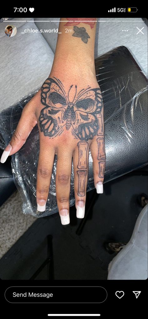 follow me on insta <3 Butterfly Skeleton, Butterfly Hand Tattoo, Laugh Now Cry Later, Red Ink Tattoos, Skeleton Hand, Hand Tattoo, Skeleton Hands, Red Ink, Tattoos Ideas