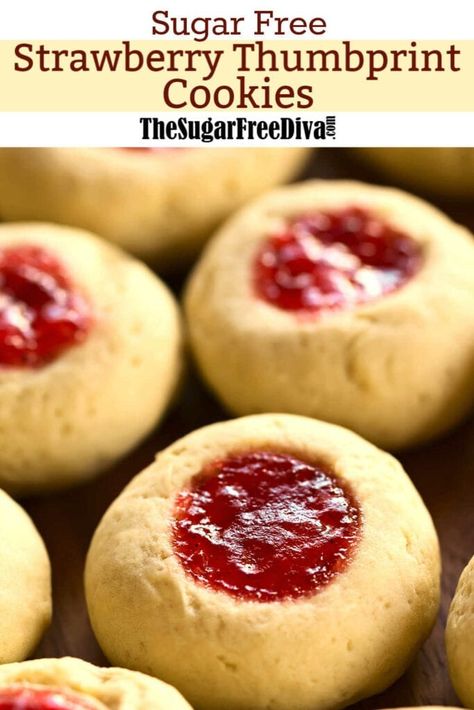 Thumbprint Jam Cookies, Sugarfree Cookies, Sugar Free Christmas Cookies, Sugar Free Cookie Recipes, Sugar Free Strawberry Jam, Sugar Free Desserts Easy, Sugar Free Jam, Christmas Cookie Recipe, Sugar Free Baking