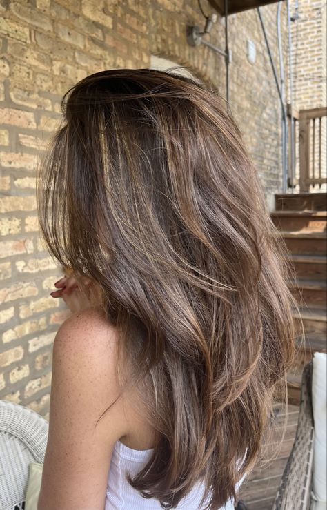 Layered Hair With Highlights Brunettes, Brown Layers Hair, 90s Blowout Hair Brunette, Highlights Brown Hair Layers, 90s Hair Brunette, California Highlights Hair, Frosted Brown Hair, Layered Brown Hair With Highlights, Brunette Inspo Hair