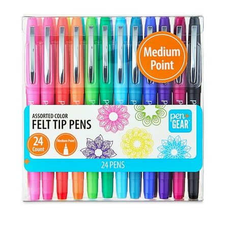 Add color and creativity to all your writing projects with our Pen+Gear Felt-Tip Markers. This pack of 24 felt-tipped pens features an entire rainbow of vibrant ink colors, so you can be innovative when taking notes, drawing, doodling, or crafting, perfect for all ages. The medium tips release quick-drying ink that won't bleed through paper, making these pens an excellent choice for grading papers. Put pen to paper and make a bold statement with our Pen+Gear Felt-Tip Pens. Check out the Pen+Gear Notes Drawing, Calligraphy Markers, Drawing Materials, Grading Papers, Felt Tip Markers, Brush Pen Art, Writing Projects, Art Pens And Markers, Highlighters Markers