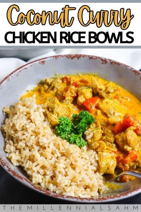 These delicious Coconut Curry Chicken Rice Bowls are rich in flavor and the perfect quick and easy dinner solution or meal prep idea! Chicken Rice Noodle Bowl, Asian Bowl Meal Prep, Coconut Curry Bowl, Chicken Rice Bowls Instant Pot, Coconut Curry Rice Bowl, Chicken Curry Rice Bowl, Curry Chicken Bowl, Curry Bowl Recipe, Coconut Chicken Rice Bowl