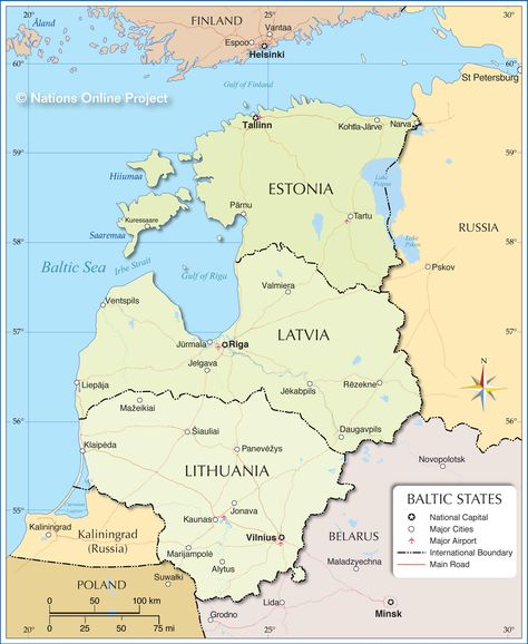 Map of the Baltic States showing the three Baltic countries and the location of major cities, main roads, and airports. Military Graphics, Cartography Map, Baltic Countries, Baltic States, World Geography, Map Globe, Country Maps, Round The World, Tallinn