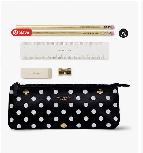 Featured with a classic black and white polka dot print with metallic gold spade accents mixed in with the dots Desk supplies set includes 2 pencils, a pencil sharpener, eraser, and ruler so you're all set for your next writing session or book report Cute zipper bag is perfect for organizing your office supplies or to use as a travel pouch to keep up with lipstick, pens, tweezers, and other on-the-go necessities Kate Spade Pencil Case, Teacher Must Haves, Pens And Pencils, Travel Pouch, Zip Pouch, Polka Dot Print, School Teacher, Zipper Bags, Kate Spade New York