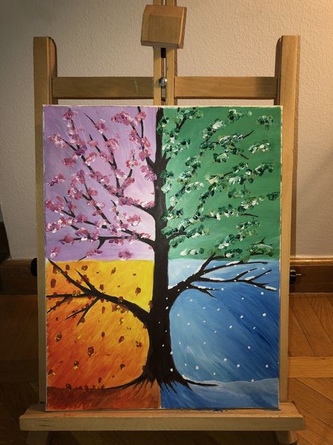 Spring Summer Autumn Winter Drawing, Summer And Winter Drawing, Winter Spring Summer Fall Art, Spring Summer Autumn Winter Art, Seasonal Canvas Painting Ideas, Summer Season Drawing Ideas, Autumn Canvas Painting Ideas, Easy Spring Painting Ideas On Canvas, Spring Drawing Easy