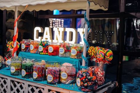 Prom Candy Bar, Boardwalk Theme Party, Candy Station Ideas, Boardwalk Party, Old Fashioned Bar, Bay Mitzvah Themes, Bat Mitzvah Ideas, Bark Mitzvah, Boardwalk Theme