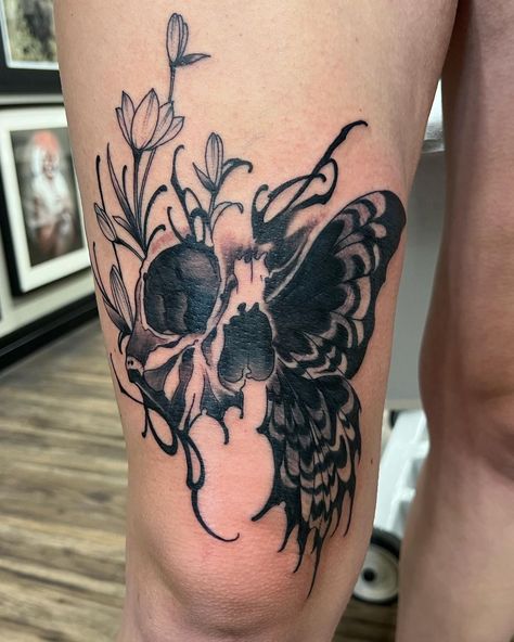 🦋 Skull Butterfly 💀 by Trevor @5nake.me.home.tonight! Trevor is Open for new projects! Please give us a call to book a consult! #skull #butterfly #flowers #skulltattoo #butterflytattoo #floraltattoo #blackandgreytattoo #blackinktattoo #blackandgrey #blackandgreysociety #blackandgreyrealism #blackgoldtattooco #BGTC #crimsonempiretattoo #crimsonempire #CET #yeg #yegtattoo #yegtattoos #yegtattooshop #yegtattooartist #yeglocal #yegsmallbusiness #shoplocalyeg #yegbusiness #yeglife Butterfly Illusion Tattoo, Witchy Flowers Tattoo, Dead Butterfly Tattoo, Moth Skull Tattoo, Butterfly Skull Tattoo, Skull Thigh Tattoos, Skull Butterfly Tattoo, Butterfly With Flowers Tattoo, Tattoo Trash