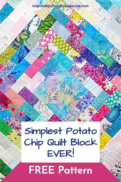 FREE Downloadable Pattern This potato chip quilt block is all about scraps and making colorful blocks that create an amazing quilt. But it gets even better! You can use a single block and finish it as a great gift. Or you can make a gazillion of them for a huge quilt! And my favorite is to make one ginormous block for a fantastic quilt just for yourself! You choose which you want to make first. But get plenty of scraps! This scrap buster may empty a bin or two! Potato Chip Block Pattern, Potato Chip Quilt Pattern, Potato Chip Quilt Blocks, Strip Piecing Quilt Block Patterns, Two Color Quilt Blocks, Potato Chip Block Quilt, Easy Scrap Quilt Patterns Free, Scrappy Quilt Blocks, Potato Chip Quilt Block