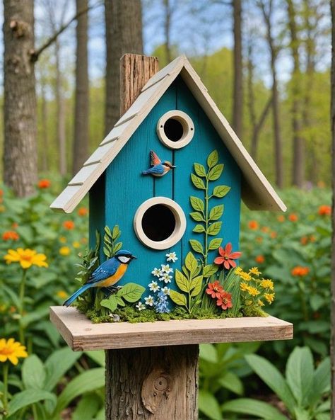 Bird Houses In Garden Landscapes, Easy Diy Art Projects, Art Diy Ideas, Painted Birdhouses, Hand Painted Birdhouses, Birdhouse Ornaments, Garden Diy Ideas, Bird Houses Ideas Diy, Beautiful Birdhouses