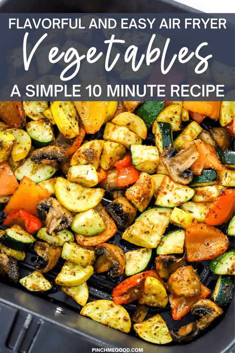 These easy air fryer vegetables are made with zucchini, yellow squash, bell pepper, and mushrooms, seasoned with a flavorful Italian spice blend that brings them to a whole new level! Make them in only 10 minutes for a healthy, simple side dish everyone will love! Vegan, gluten-free, and paleo! Air Fryer Veggies, Air Fryer Squash, Air Fryer Vegetable Recipes, Air Fryer Vegetable, Air Fryer Vegetables, Italian Spice, Zucchini Yellow Squash, Air Fryer Zucchini, Healthy Air Fryer