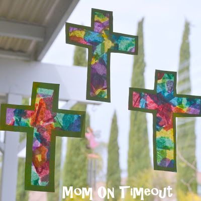 Stained Glass Cross Craft - Mom On Timeout Easter Fun Food, Stained Glass Cross, Easter Preschool, Glass Cross, Christian Crafts, Cross Crafts, Vbs Crafts, Church Crafts, Easter Cross