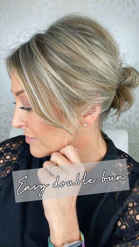 Can we all make a promise to keep messy buns around forever?!?! This is the cutest (and easiest) way to achieve that double bun look 🙌🏻… | Instagram Short Hair Updo Easy, Fine Hair Updo, Messy Bun For Short Hair, Thin Hair Updo, Easy Updos For Medium Hair, Short Hair Up, Short Hairstyles Fine, Short Hair Bun, Easy Bun Hairstyles