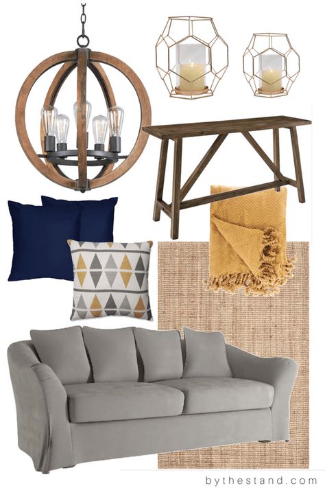 Navy and yellow living room Navy And Mustard Living Room, Navy And Yellow Living Room, Navy Blue Living Room Decor, Mustard Living Rooms, Downstairs Ideas, Blue And Yellow Living Room, Townhome Ideas, Living Room Mood Board, Yellow Decor Living Room