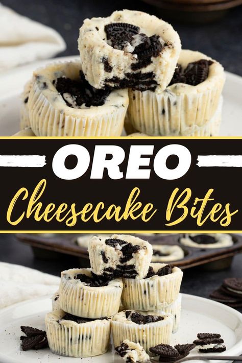 These Oreo cheesecake bites are a mashup of two favorite treats, and they're to die for! Learn how to make them, plus, get tips for the best bites. Cheesecake Types, Mini Oreo Cheesecake Bites, Oreo Bites, Oreo Cheesecake Bites, Oreo Filling, Almond Joy Cookies, Yummy Cheesecake, Mini Cheesecake Recipes, Bite Size Cookies