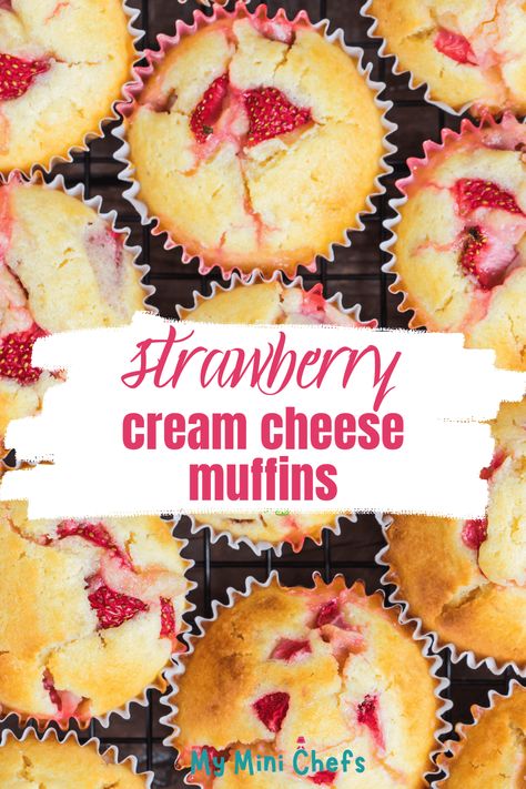 This Strawberry Cream Cheese Muffins recipe is full of fresh strawberries and a sweet cream cheese filling. They make a delicious snack or sweet treat when strawberry season is in full swing. They also make a great breakfast muffin and freeze well for enjoying later. One of our favorite muffin recipes, these strawberry cheesecake muffins are moist, tender and great for every day of the week! via @myminichefs Strawberry Cream Cheese Muffins Recipe, Strawberry Cream Cheese Muffins, Strawberry Cheesecake Muffins, Sweet Cream Cheese Filling, Strawberry Muffin Recipes, Easy Strawberry Cheesecake, Cheesecake Muffins, Breakfast Muffin, Strawberry Dessert Recipes